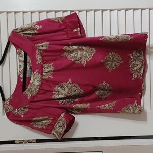 Ann Taylor Women's Size M Pink Satin Blouse With Gold Medallion Pattern